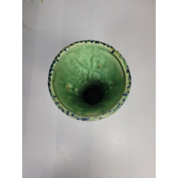 Vintage Green & Cobalt Pottery Vase, Double Handle, Japan - Picture 4 of 5